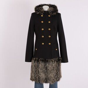 Rachel Zoe Black Wool Military Coat with Faux Fur Trim Size US 8